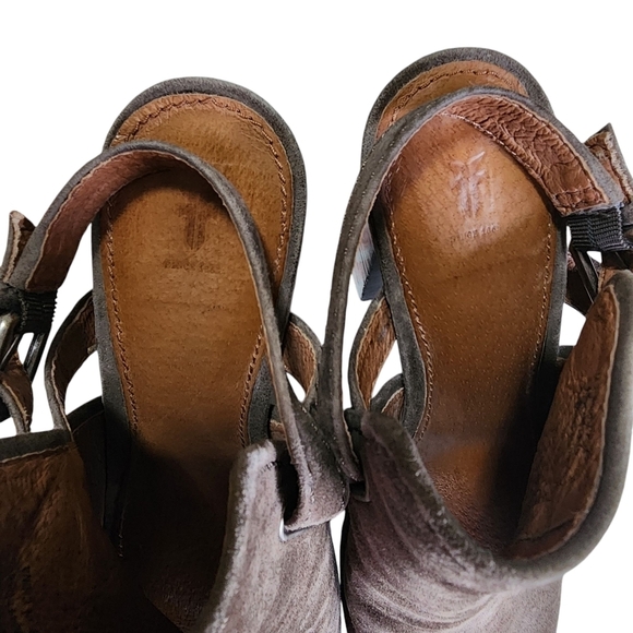 FRYE Karissa Brown Suede Mules with Chunky Wooden Heel and Peep-Toe - 8M - Picture 7 of 10